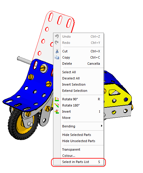 Quick select in parts list